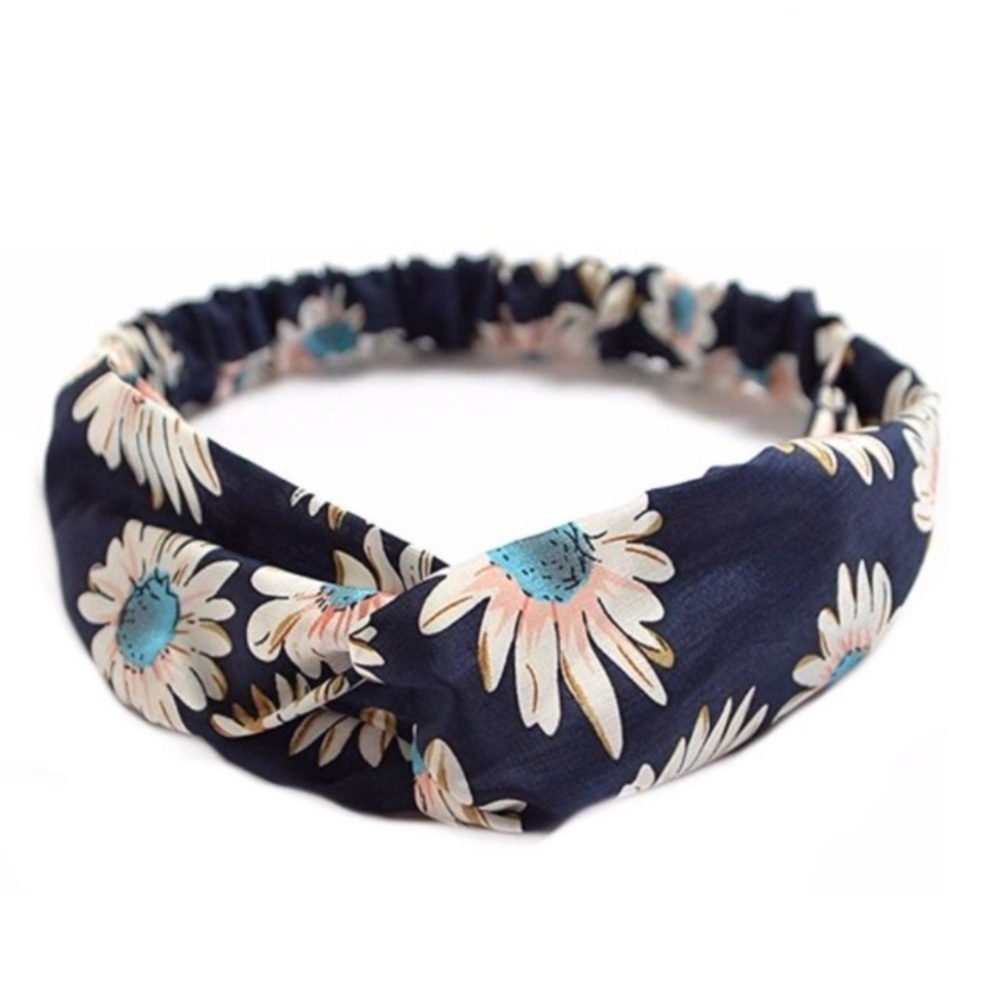 Navy Blue Pink Daisy Print Boho Twist Headband